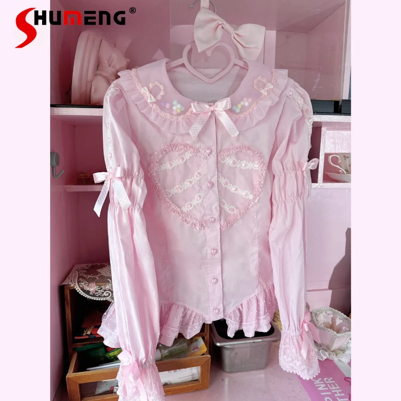 

Original Sweet Pure Cotton Bow Shirt Woman 2024 Spring New Cute Love Heart Pattern Long Sleeve Blouse Blusas Femininas Elegantes