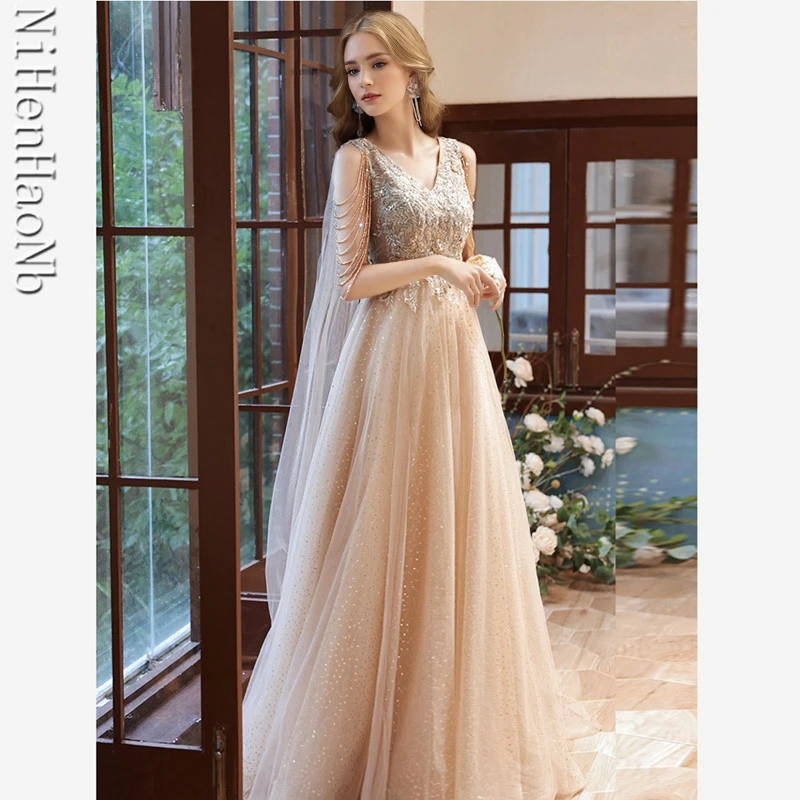 

Luxury Champagne Evening Dress With Shawl Elegant V-neck A-line Tassel Sleeves Beading Lace Up Long Prom Celebrity Gowns Formal