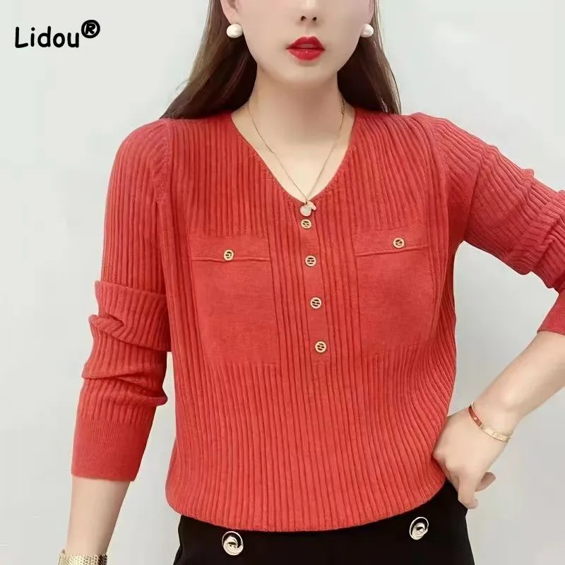 Elegant Thin Solid V-Neck Knitted Tops Spring Autumn All-match Fashion Button Patchwork Long Sleeve Sweaters Women's Clothing
Elegant Thin Solid V-Neck Knitted Tops Spring Autumn All-match Fashion Button Patchwork Long Sleeve Sweaters Women's Clothing