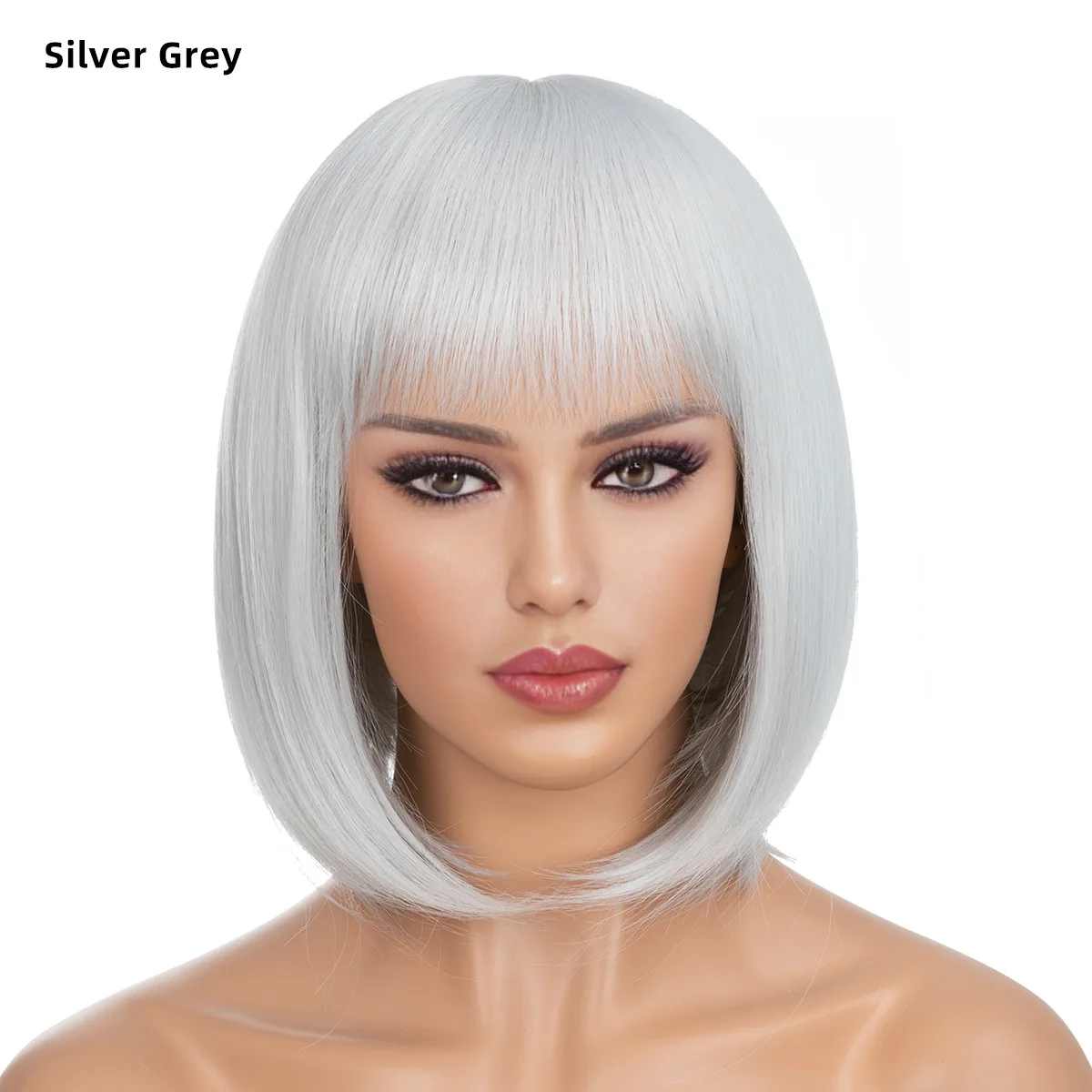 

Silver Grey Short Bob Wig With Bangs Synthetic Wigs For Women Ombre Hot Pink Lolita Cosplay Party Natural Hair Perruque Bob