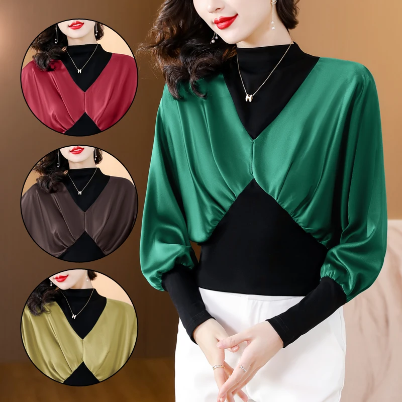 Autumn Stand Collar Bat Sleeve Shirts Women Stretch Hem Slim Waist Patchwork Satin Blouse Women Fashion Satin Shirts For Ladies
Autumn Stand Collar Bat Sleeve Shirts Women Stretch Hem Slim Waist Patchwork Satin Blouse Women Fashion Satin Shirts For Ladies