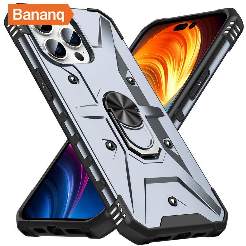 

Bananq Shockproof Armor Holder Cover For iPhone 15 14 Plus 13 12 Mini 11 Pro Max 6 7 8 X XR XS SE2 SE3 Magnetic Ring Stand Case