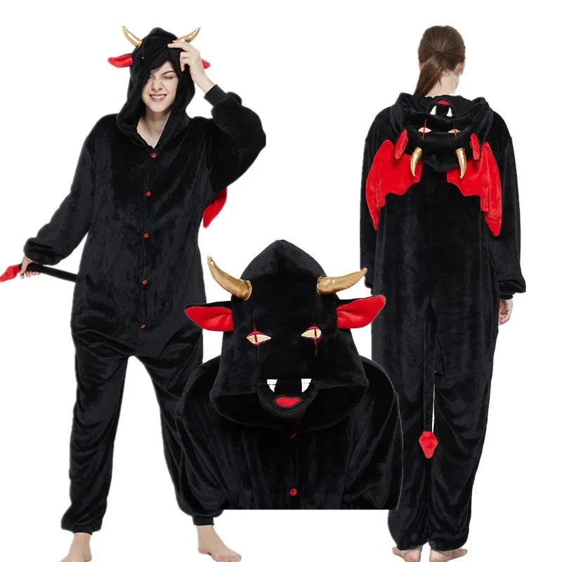 

HKSNG New Adults Kigurumi Devil Onesies Pajama Flannel Cute Cartoon Anime Animal Winter Pyjamas Sleepwear Homewear Plus Size