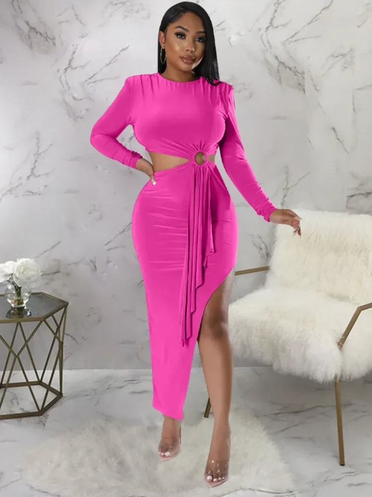 

WUHE Ruched Up Cutout Front Long Sleeve High Side Slit Bodycon Midi Maxi Dress Asymmetrical Sexy Fashion Women Party Vestidos