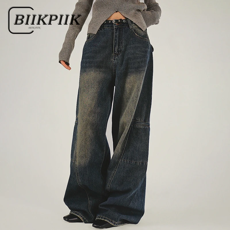 

BIIKPIIK Pockets Asymmetric Washed Loose Women Jeans Casual Basic Straight Denim Pants All-match Trousers Concise Bottom Clothes