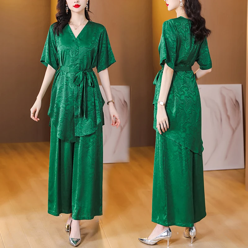 

2024 Summer New Casual Two-piece Medium And Long Irregular Top Trousers Women Wear Asymmetric Matching Sets Blue