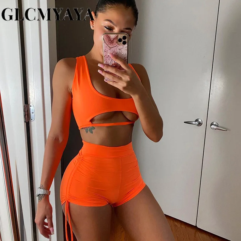 

GLCMYAYA Women Summer Fashion Slash Neck Hollow Out Spliced Crop Tops 2023 Casual Sporty Draw String Short Sets 2 Piece Set