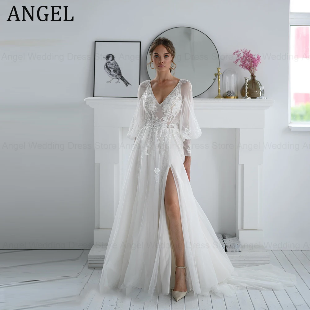 

ANGEL Elegant V-Neck Lantern Sleeve Wedding Dress for Woman Sexy High Split Backless A-line Vestido Novia Civil Bridal Gown