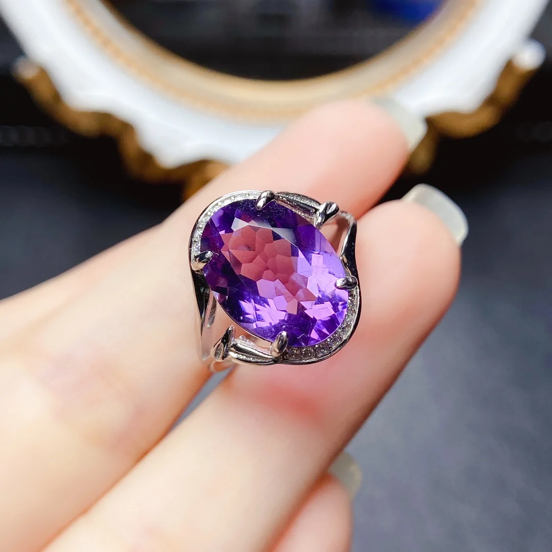 

FS 10*14 Natural Amethyst Ellipse Simple Ring Real S925 Sterling Silver Fine Fashion Wedding Jewelry Women Free Shipping MeiBaPJ