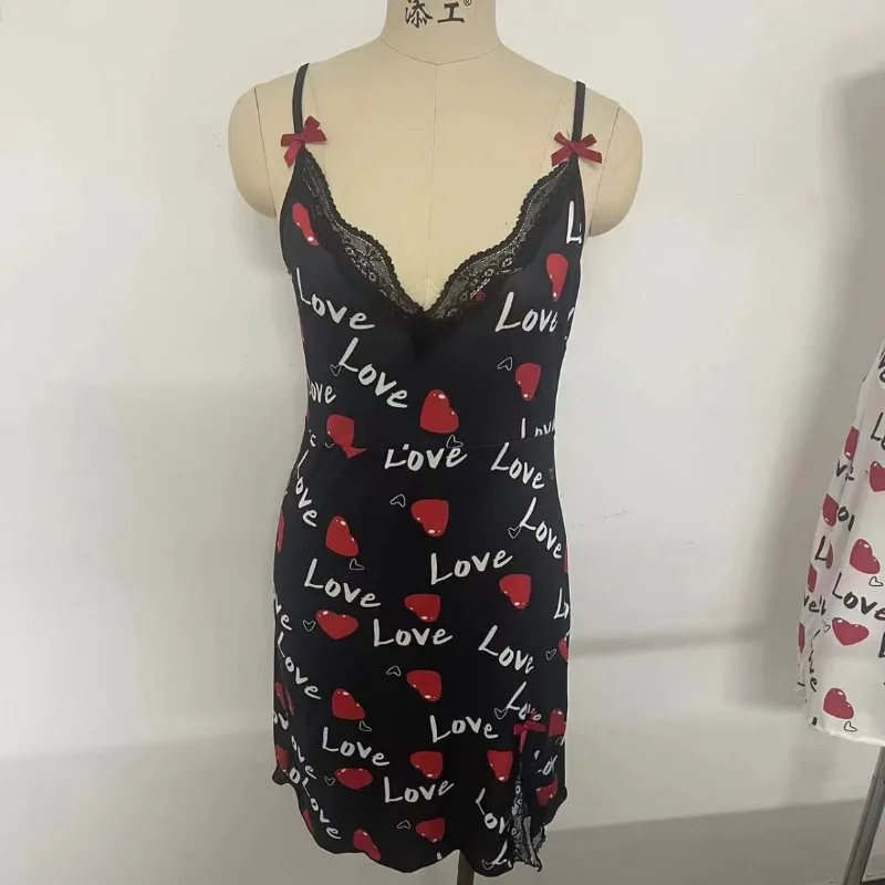 Lace Edge V-Neck Sling Side Split Sleepwear Women's Printed Love Letter Black Home Sling Dress Pajamas 3 S6afb75528c244dc68d1a31196dc11aadP