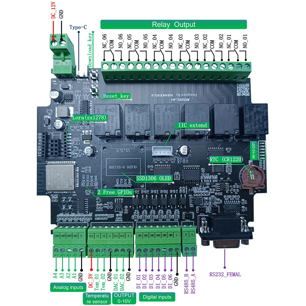 

6 Channel ESP32 Control and Monitoring System with Digital Inputs Relay Outputs Analog Inputs Temperature Sensors Clock Circuit