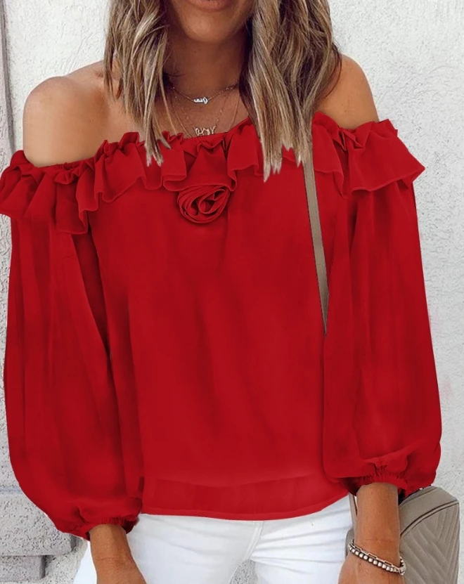 

Sexy Long Sleeved One Line Collar, Obedient Girl with Rose Details, Ruffled Edge Exposed To T-Shirt New Product