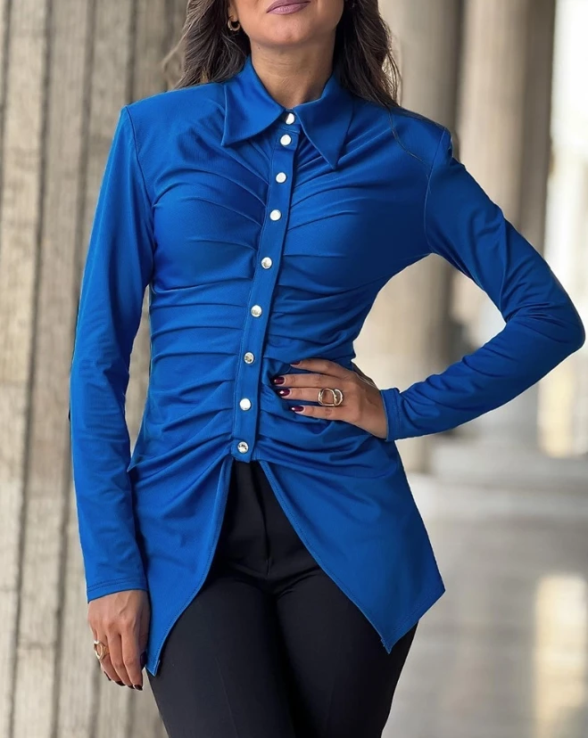 

Female Clothing Buttoned Ruched Asymmetrical Hem Long Sleeve Top Temperament Commuting Women's Fashion Skinny Casual Blouses