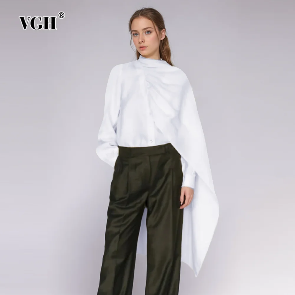 

VGH Solid Minimalist Blouses For Women Scarf Collar Long Sleeve Patchwork Single Breasted Loose Casual Shirts Female Fashion New