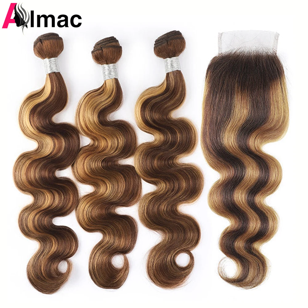 

P4/27 Highlight Body Wave 3/4 Human Hair Bundles With 4x4 HD Lace Closure Pre-Plucked Peruvian Remy Hair Extention 220g/Set