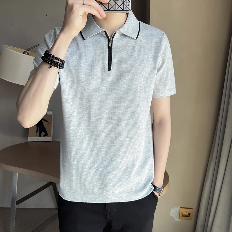 

Summer Knitted Polo Shirts for Men Short Sleeve Solid Color Casual Slim POLO Shirt High Quality Business Social Polos Streetwear