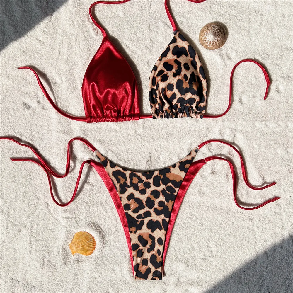 Red Leopard Print Swimwear String Halter Micro Bikini Thong Sexy