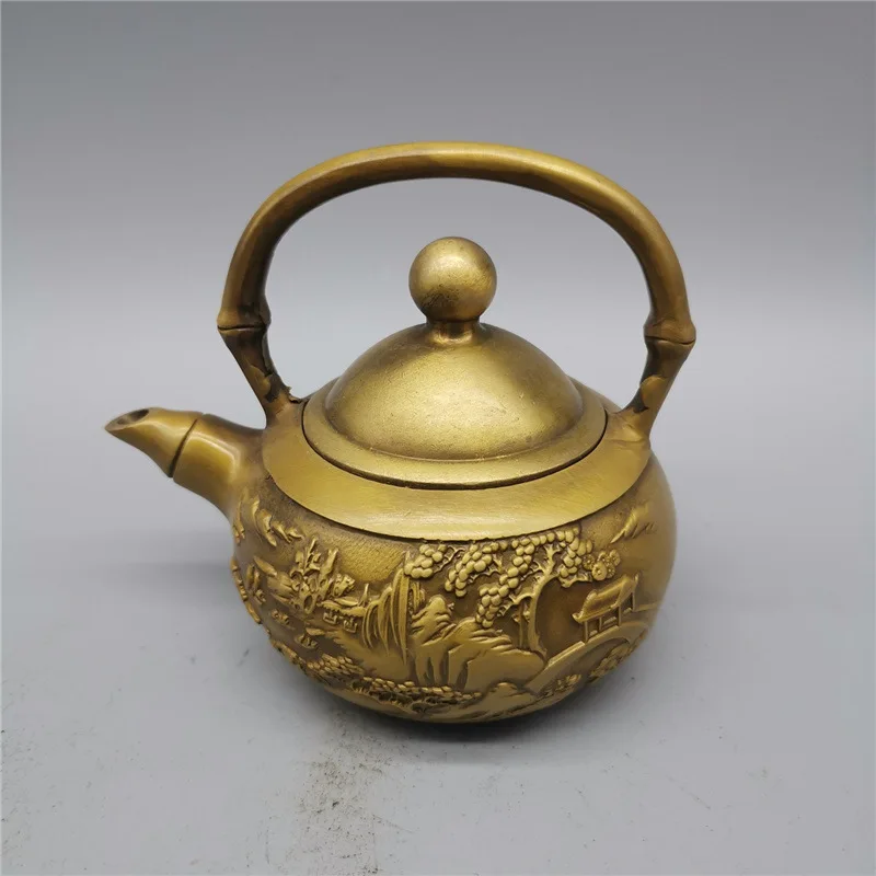 

Wholesale Copper Ware Ornaments Antique Brass Wine Pot Kettle Brass Landscape Wine Pot Teapot Decoration Props Loop-Handled Teap