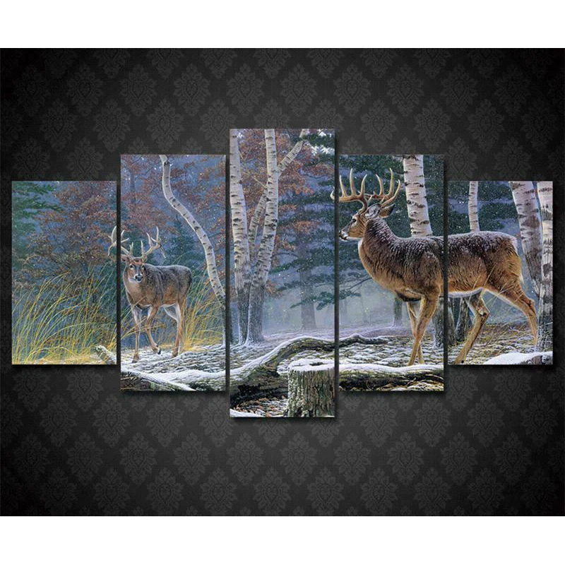 

Unframed 5 Pcs Whitetail Deer Forest Buck Wildlife Animals Paintings Canvas Picture Wall Art Posters for Living Room Home Decor