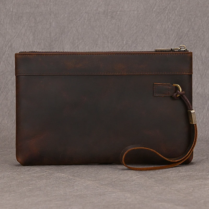 

Fashion Genuine Leather Mens Day Clutches Vintage Big Hand Purse RFID 6 Inch IPhone Wallet Cowskin Clutch Bag With Wrist Belt