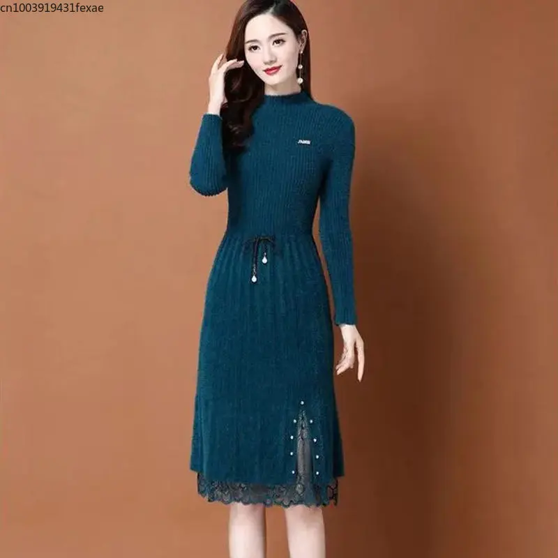 Winter Thick Warm Slim Knitted Dress Women Vintage Imitation Mink Lace-patchwork Sweater Dresses Soft Knitwear Dress With Coat
Winter Thick Warm Slim Knitted Dress Women Vintage Imitation Mink Lace-patchwork Sweater Dresses Soft Knitwear Dress With Coat