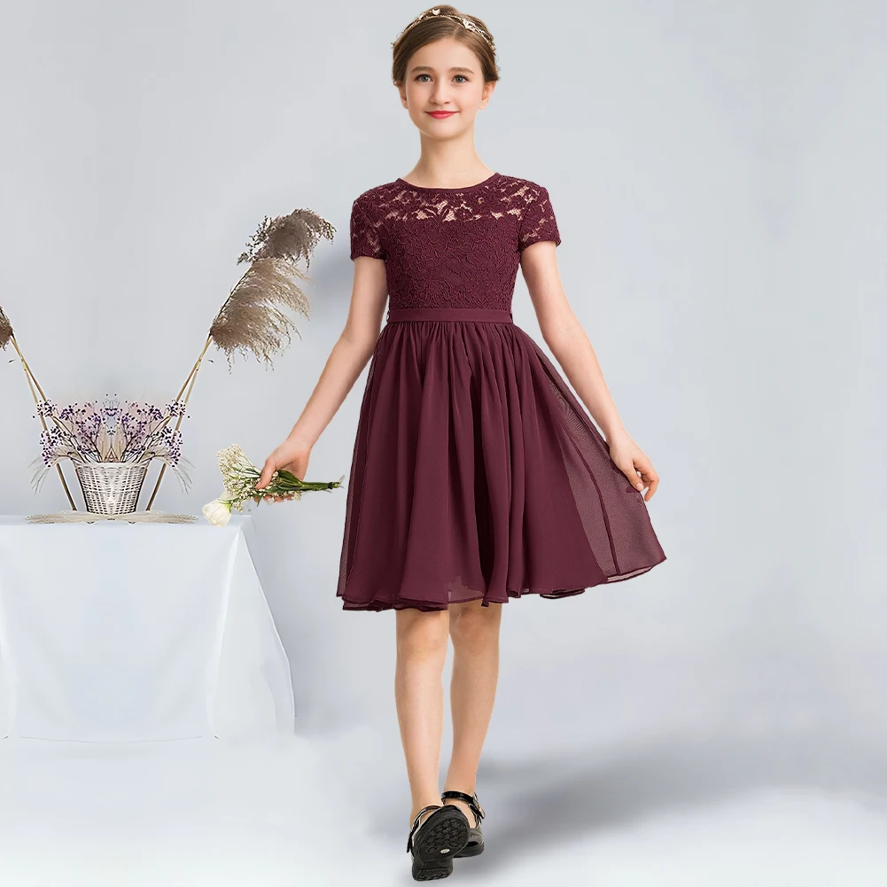 

A-line Scoop Knee-Length Chiffon Lace Junior Bridesmaid Dress With Bow Cabernet Flower Girl Dress for Wedding Kids Prom Dresses