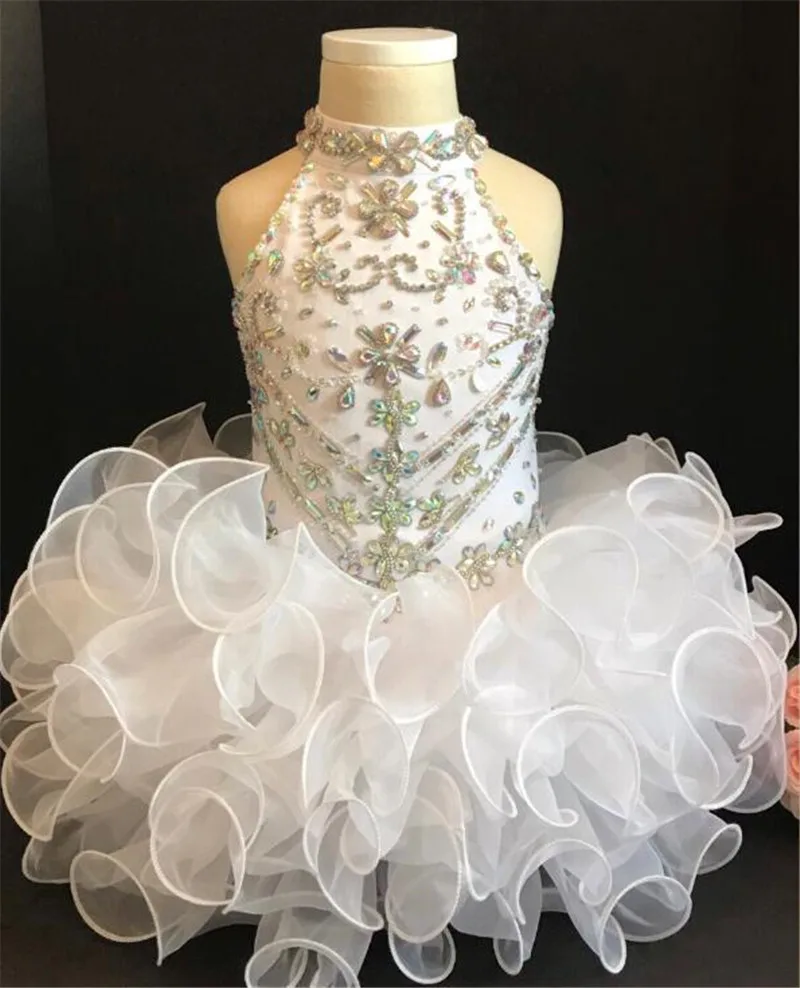 

White crystal pageant birthday gown flower girl dress for wedding kid cupcake couture dress