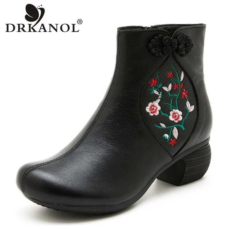 

DRKANOL National Style Women Boots Winter Short Plush Warm Shoes Embroider Flowers Side Zipper Round Toe Thick Heel Ankle Boots