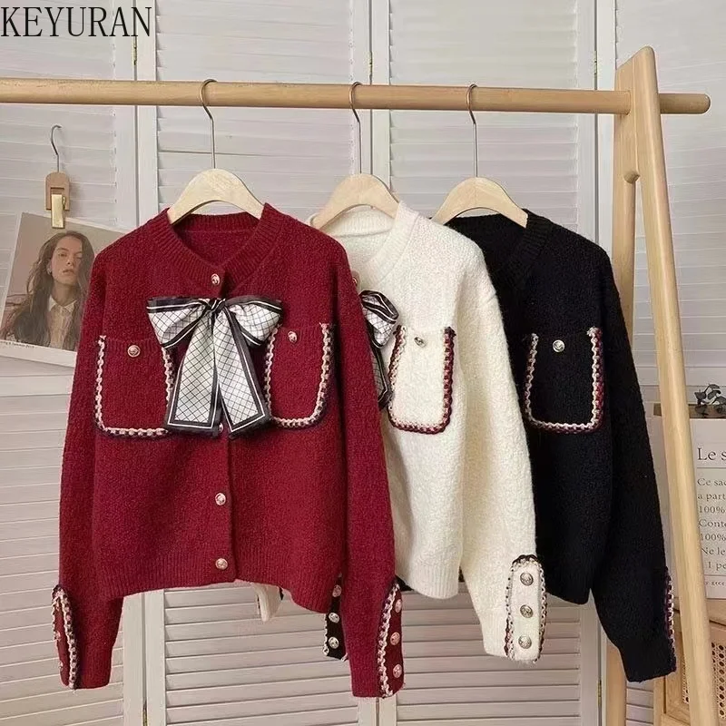 

Bow Cropped Knitted Cardigan Sweater Coat Women 2023 Autumn O-Neck Long Sleeve apanese Sweetheart Outerwear Knitwear Tops Jumper