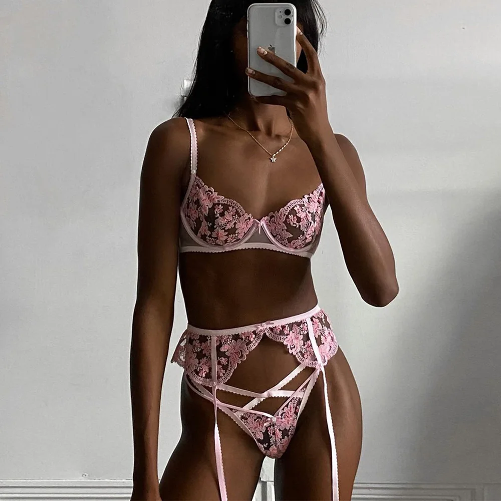 

Pink Floral Embroidery Lace Sexy Women Lingerie Set 3 Pieces Underwire Bra With Bone Garter Brief Sets Erotic Lingerie