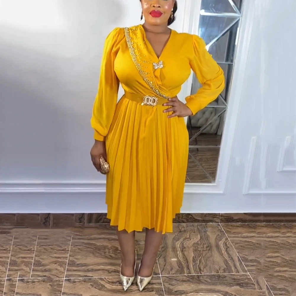 African Ladies Pleated Chiffon Dress Women V Neck Full Sleeve Belt Waist Mid Calf Elegant Female Office Business Work Wear Dress
African Ladies Pleated Chiffon Dress Women V Neck Full Sleeve Belt Waist Mid Calf Elegant Female Office Business Work Wear Dress