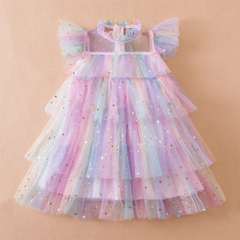 

Новинка лета 2023, платье для девочек, корейское платье принцессы со звездами и блестками, детское Сетчатое платье с помпоном, сказочное платье