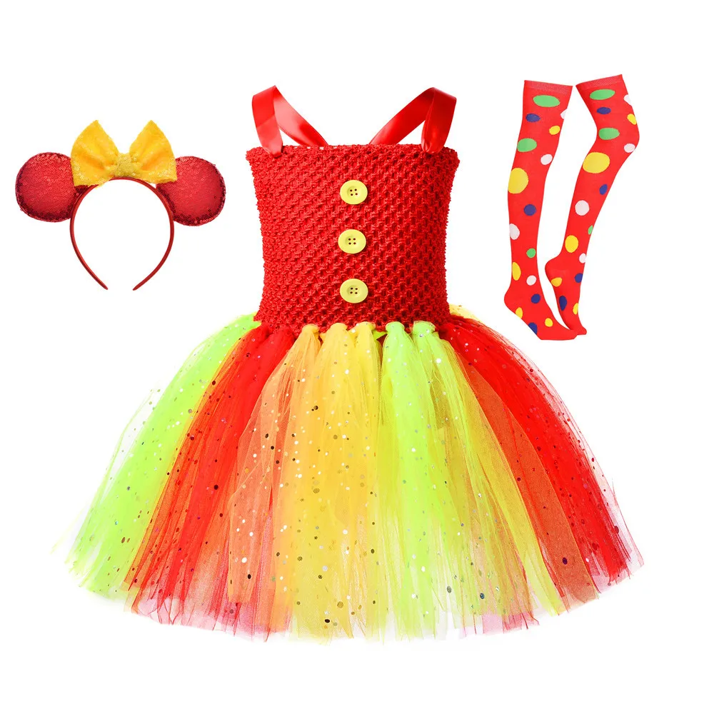 

Kids Girls Clown Cosplay Halloween Costume Shiny Sequins Plush Balls Ruffle Mesh Tutu Dress Christmas Elf Dress For Dancewear