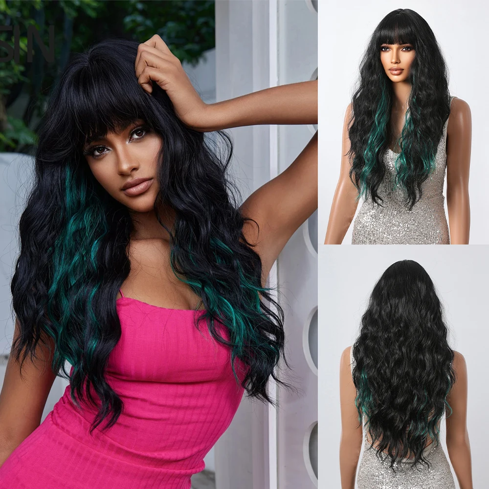 

Волнистые черные синтетические парики, длинные темные волосы, светло-зеленые с челкой, тело, волнистый парик для женщин, для косплея на Хэллоуин
