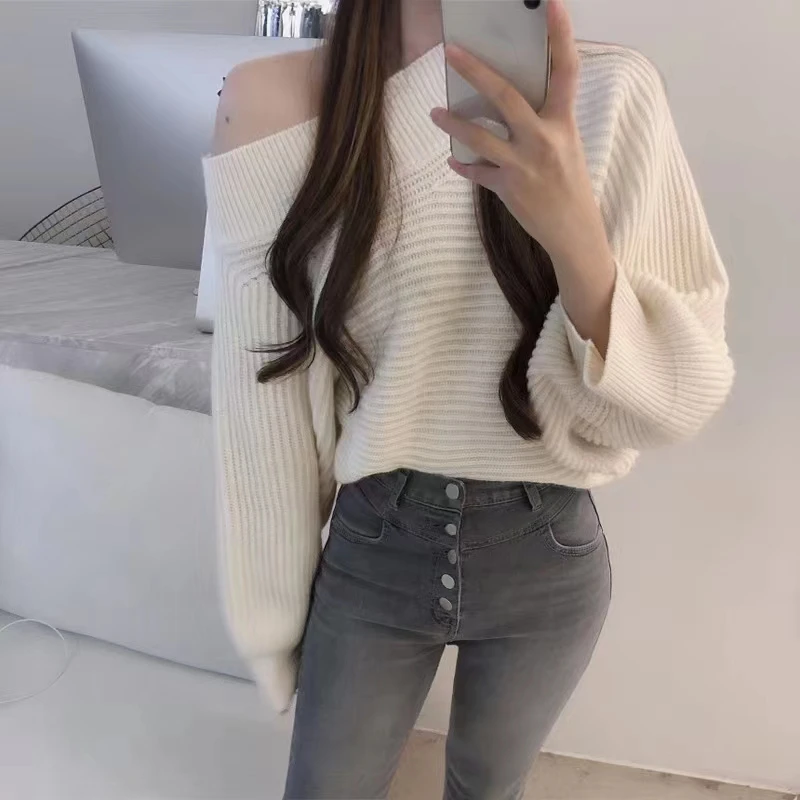 

WTIANYUW Korean Chic Sexy Knitting Sweater Winter Women Slash Neck Lantern Sleeve Off Shoulder Pullover Loose Sweater