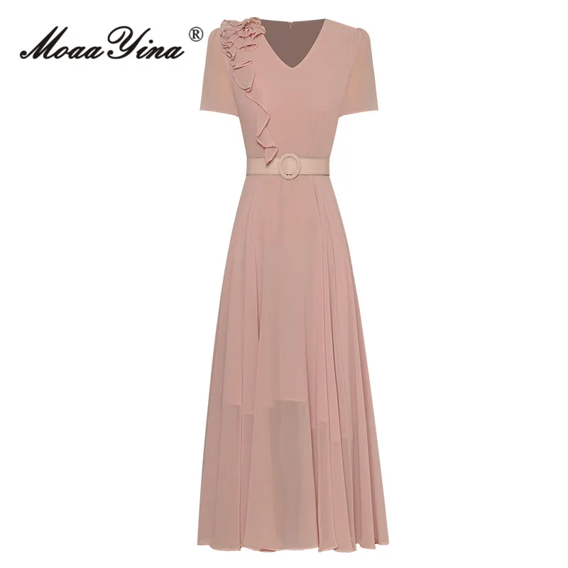 MoaaYina Summer Fashion Designer Elegant Party Dress Women's V-Neck Nail Bead Appliques Ruffles Sashes Light Pink Chiffon Long D
MoaaYina Summer Fashion Designer Elegant Party Dress Women's V-Neck Nail Bead Appliques Ruffles Sashes Light Pink Chiffon Long D