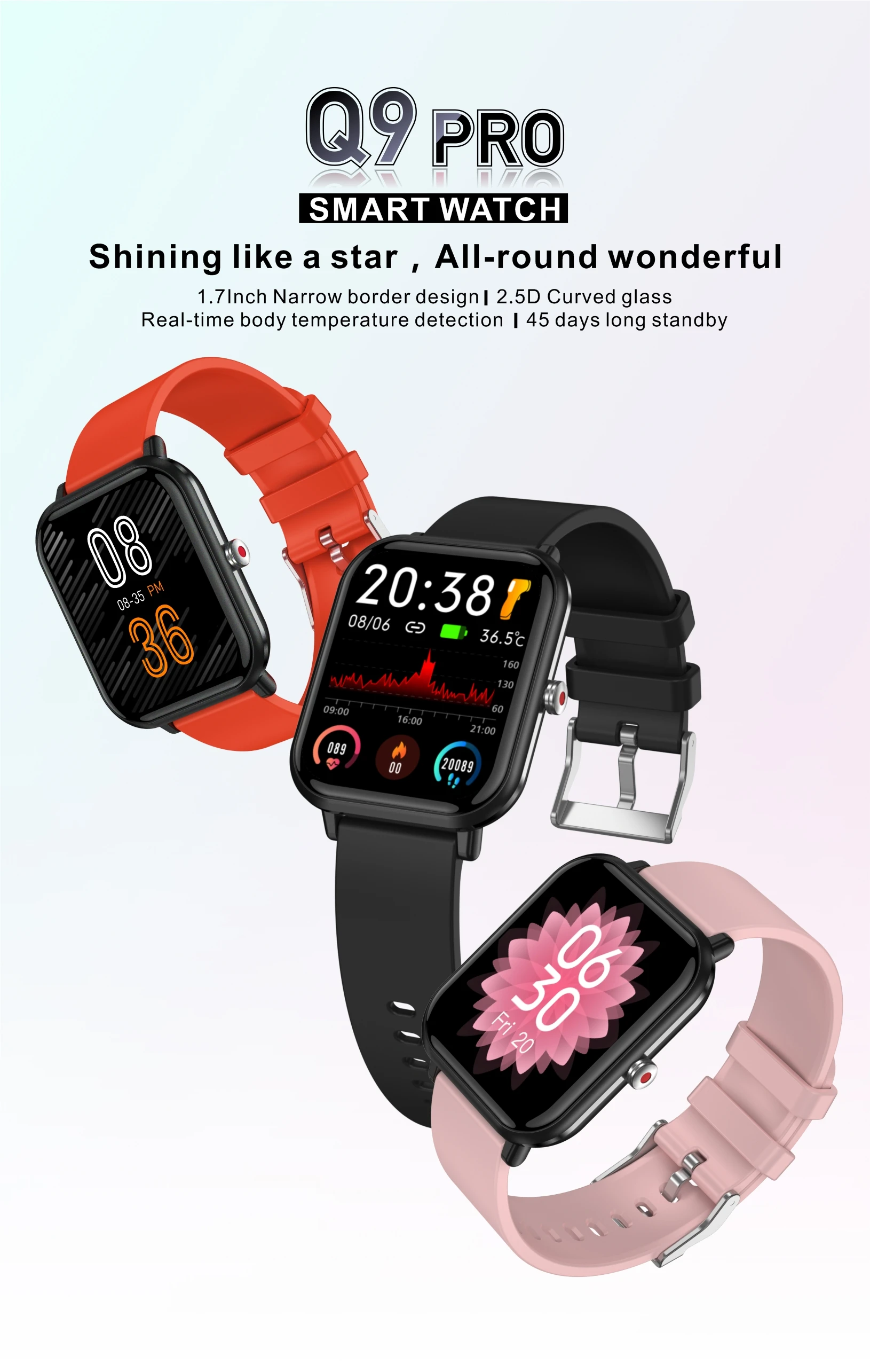 Factory Price Q9Pro Big Screen 1.7 inch Body temperature measurement Smart Watch
Factory Price Q9Pro Big Screen 1.7 inch Body temperature measurement Smart Watch