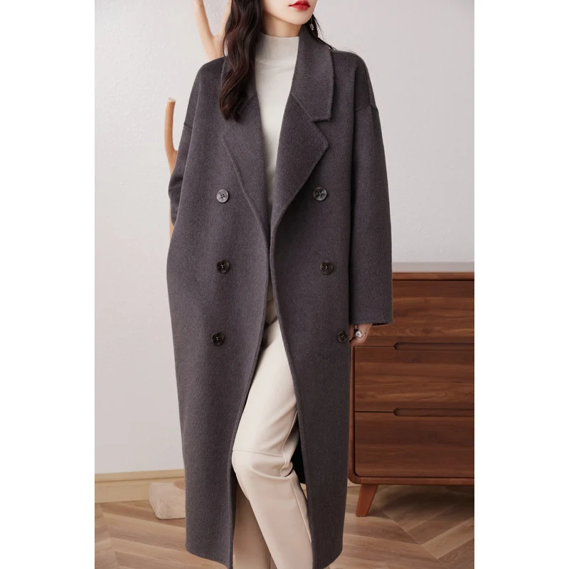 

High-end double-faced cashmere coat Women's mid-length suit collar double-breasted 100% wool coat