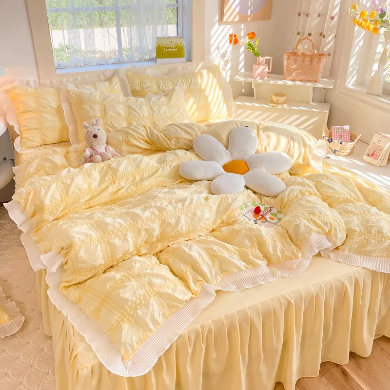 

Ruffled Seersucker Duvet Cover Set Soft Lightweight Bedding Set with Bed Skirt and Pillowcases Full Size Comforter Queen Bed Set