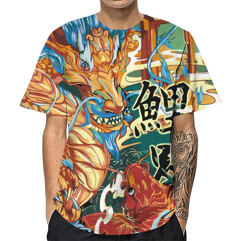 

HX Ukiyo-e Mens T-shirts Japan Art Golden Dragon Carp 3D Printed Shirts Animal T-shirt Summer Short Sleeve Tees Dropshipping