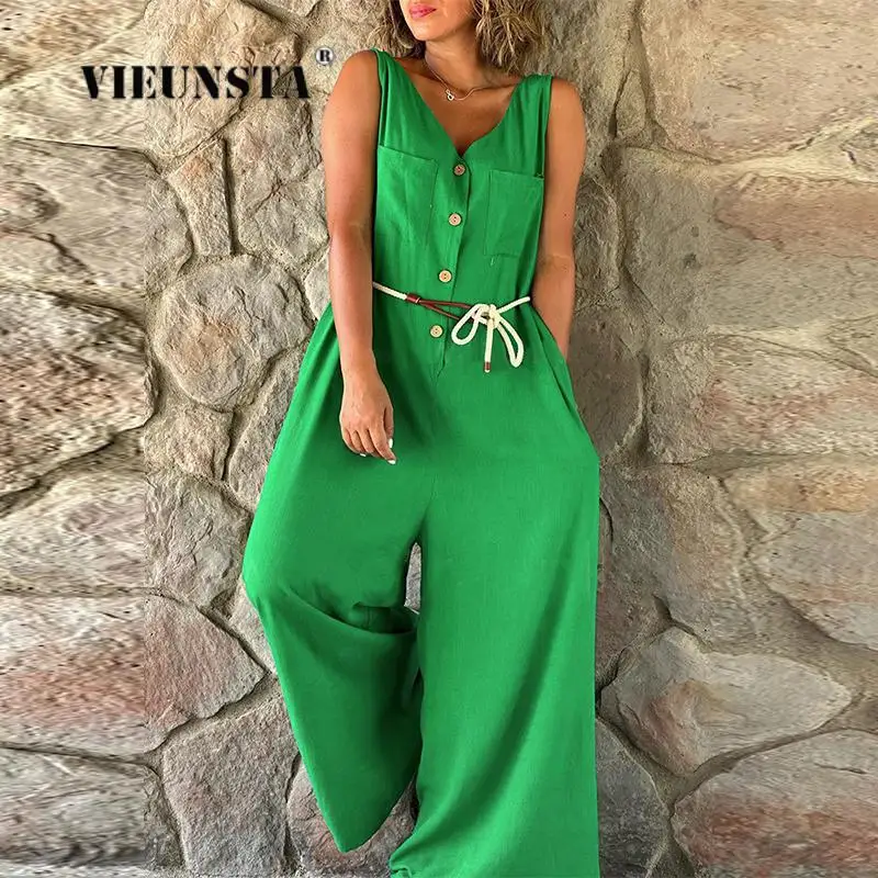 Solid Color Sleeveless Pockets Loose Belted Long Rompers Female New Casual Fashion Beach Jumpsuits 2023 Summer Women's Rompers
Solid Color Sleeveless Pockets Loose Belted Long Rompers Female New Casual Fashion Beach Jumpsuits 2023 Summer Women's Rompers