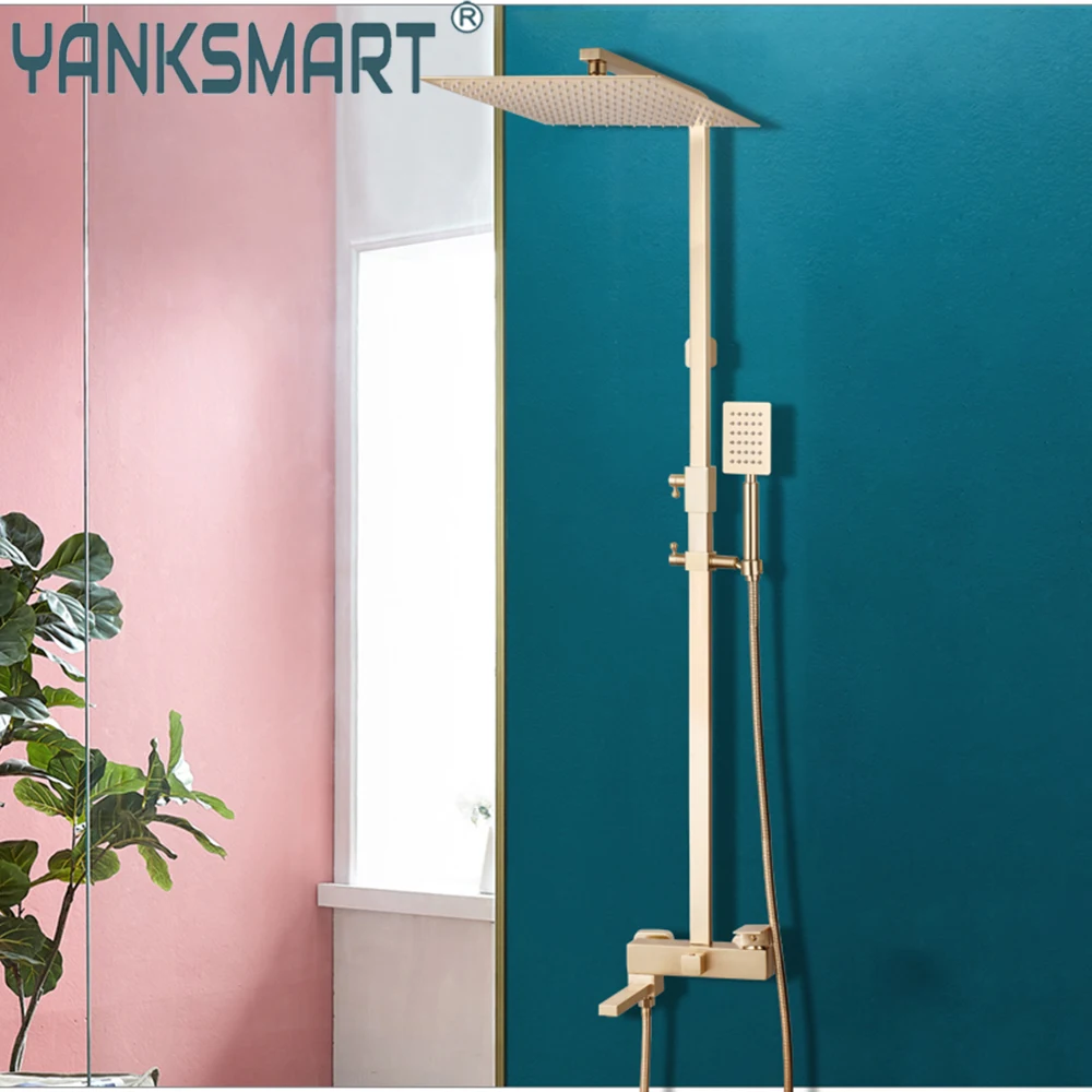 YANKSMART Brushed Gold Bathroom Shower Faucet Set Wall Mounted Shower System Rainfall Square Shower Head Faucets Mixer Water Tap
YANKSMART Brushed Gold Bathroom Shower Faucet Set Wall Mounted Shower System Rainfall Square Shower Head Faucets Mixer Water Tap