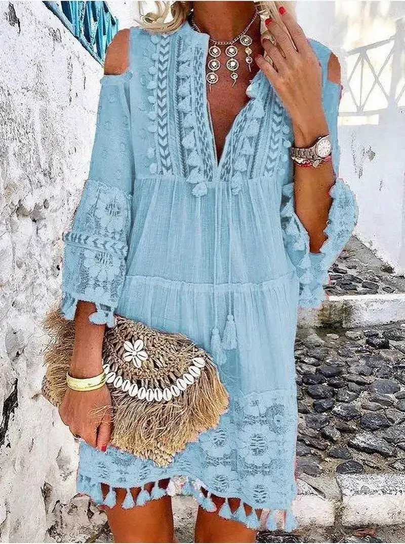 

2024 Spring Large Size Women Dress Lace White V-neck Lace Tassel Casual Dresses Female New Casual Elegant Fashion Ladies Clothes