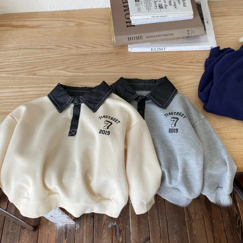 

2023 Autumn Kids Hoodies Tops contrast color Turn-down collar children pullover Boys letters long sleeve sweatshirts