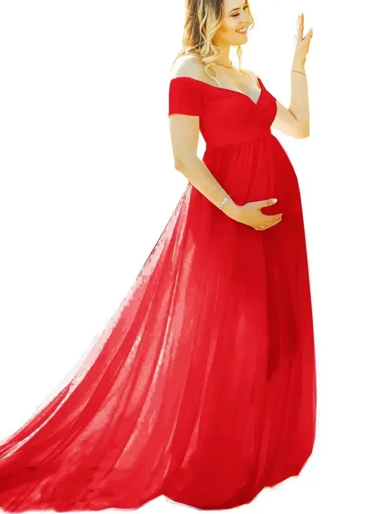 

European beauty mercerized cotton dress pregnant women fluttering tail fluttering sleeve midi red photography dress
