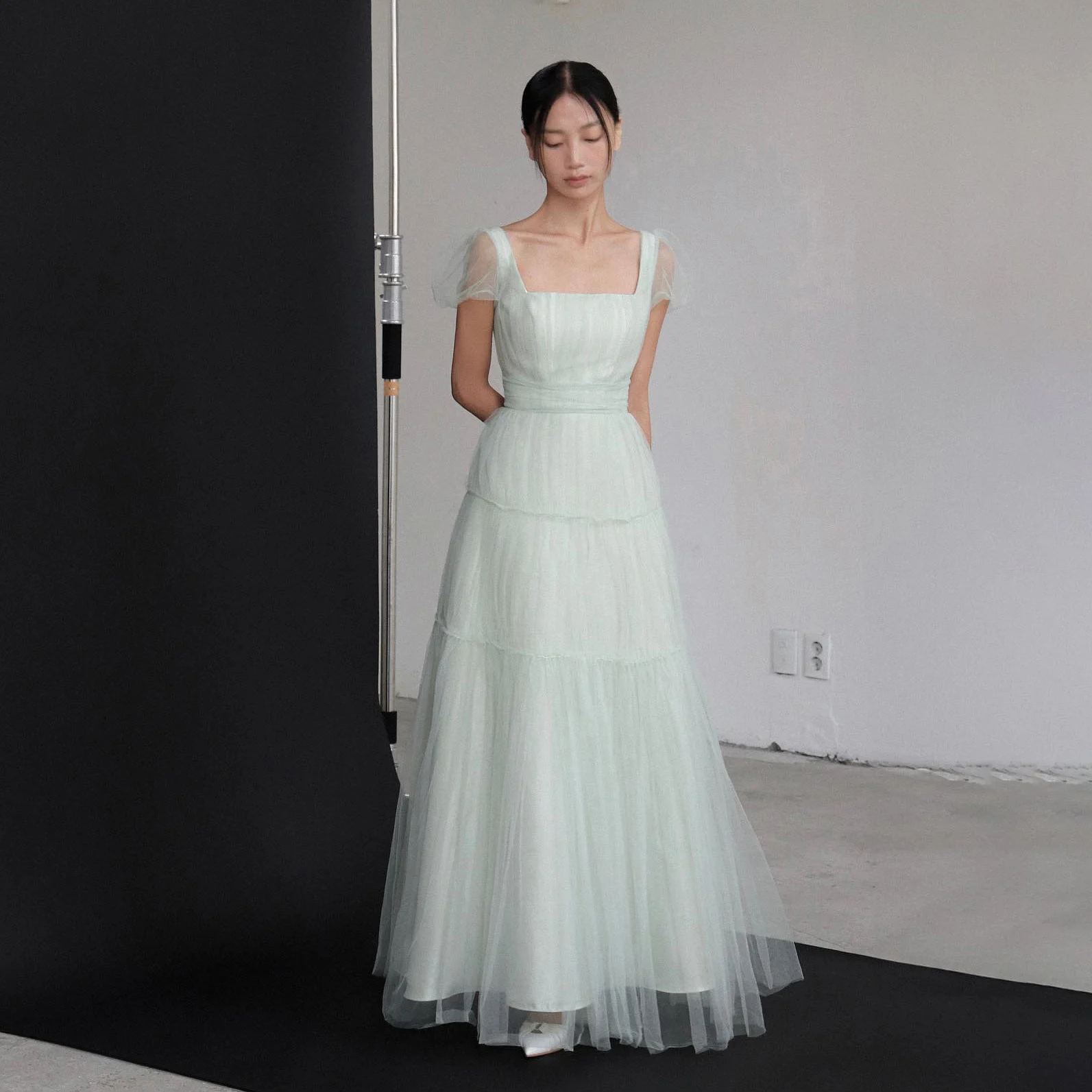 

GIOIO Square Collar Korea Garden Wedding Dress Pleat Short Sleeves Formal 프롬드레스 Floor Length Elegant Prom Gown Party Women Bride