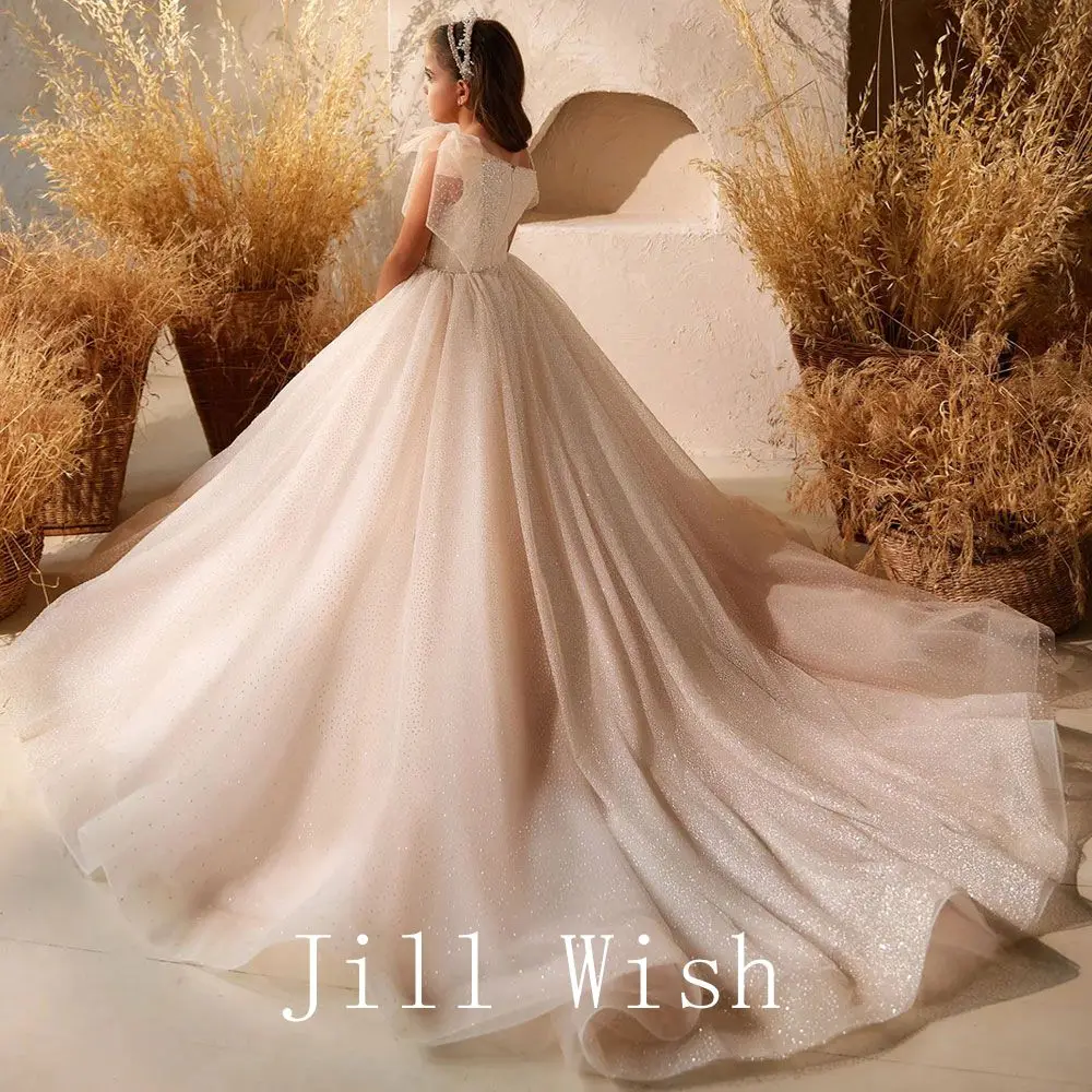 

Jill Wish Shiny Elegant Ivory Flower Girl Dress Bow Sequined Princess Kids Wedding Birthday First Communion Party Gown 2024 J264
