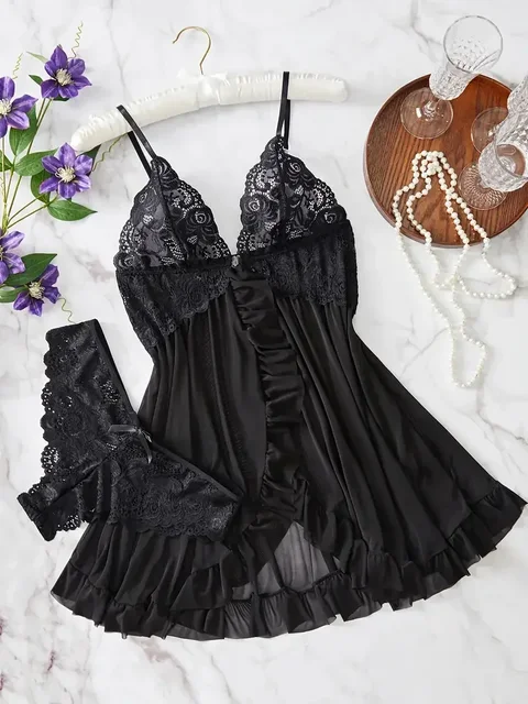 Chemise de nuit en dentelle sexy pour femmes, chemise de nuit avec nœud, vêtements de nuit, mini robe, col en V, slip complet, nuisette, lingerie, vêtements de nuit et robes 2