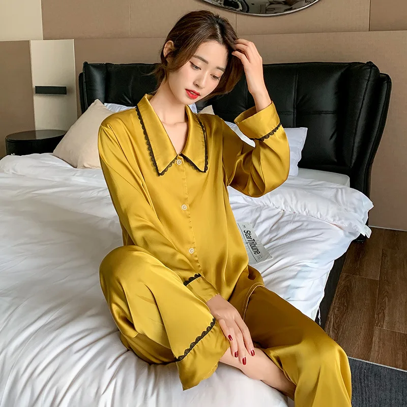 

Long Sleeved Pants Two-Piece Pajama Set Sexy Lapel Home Clothes Intimate Lingerie Nightwear Spring Satin Loose Casual Sleepwear