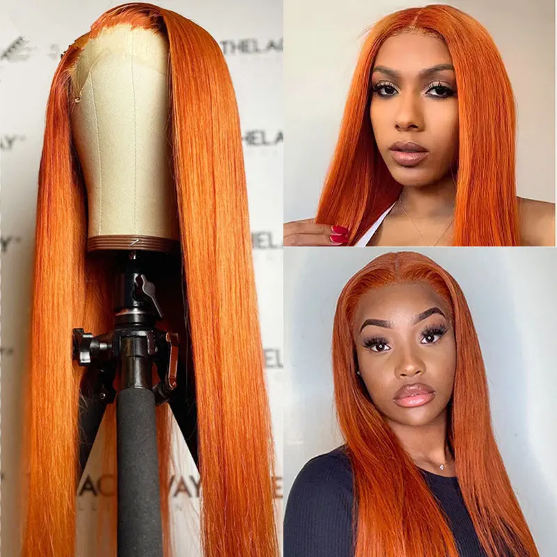

Light Orange Straight Synthetic Hair Lace Front Wig High Quality Heat Resistant Fiber Preplucked Natural hairline Middle Parting